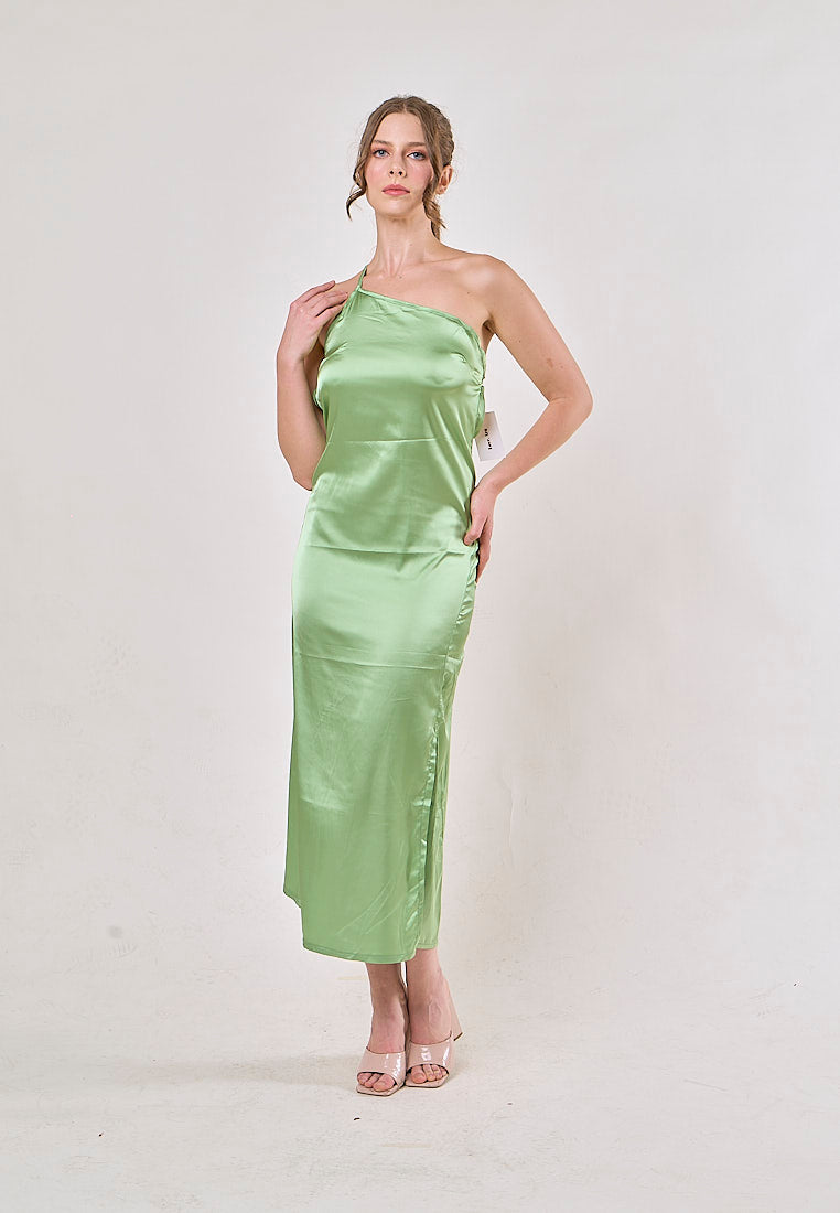 Sequoia Green Asymmetrical Shoulder with Slit Maxi Dress