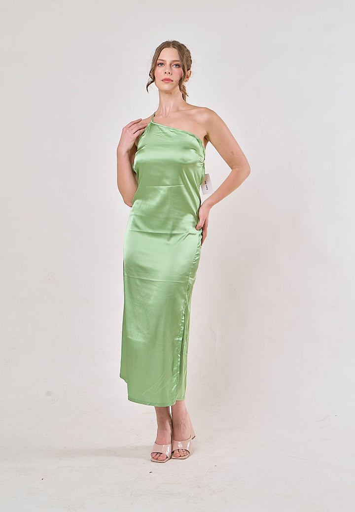 Sequoia Green Asymmetrical Shoulder with Slit Maxi Dress