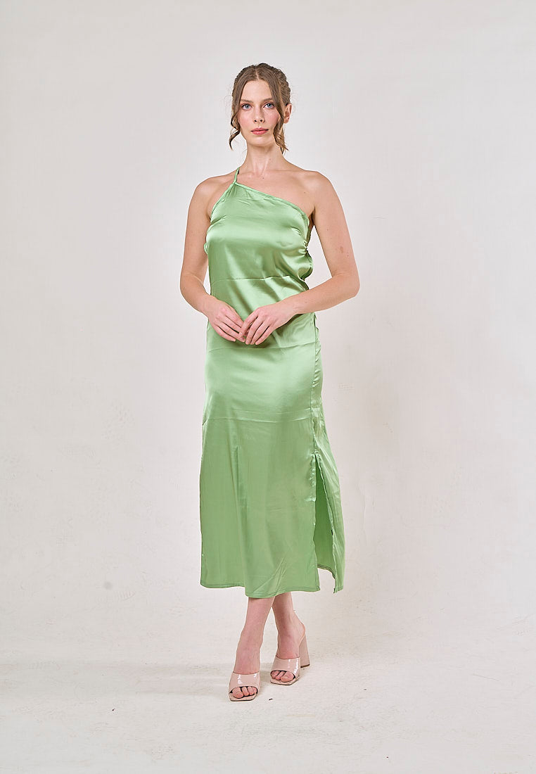 Sequoia Green Asymmetrical Shoulder with Slit Maxi Dress