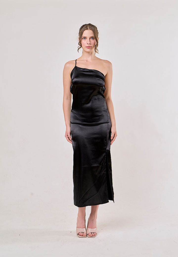 Sequoia Black Asymmetrical  Shoulder with Slit Maxi Dress