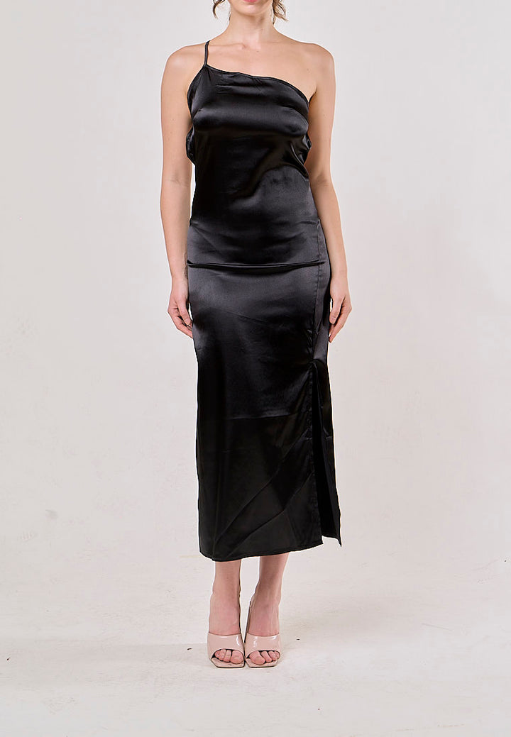 Sequoia Black Asymmetrical  Shoulder with Slit Maxi Dress