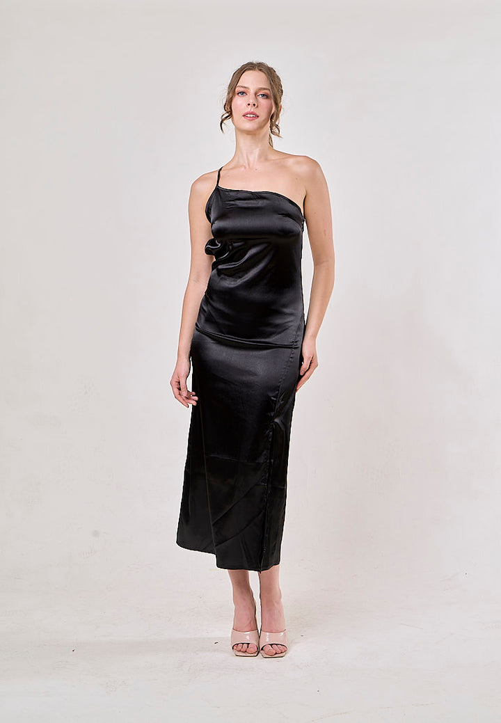 Sequoia Black Asymmetrical  Shoulder with Slit Maxi Dress