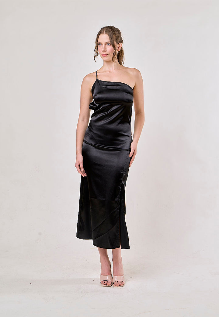 Sequoia Black Asymmetrical  Shoulder with Slit Maxi Dress