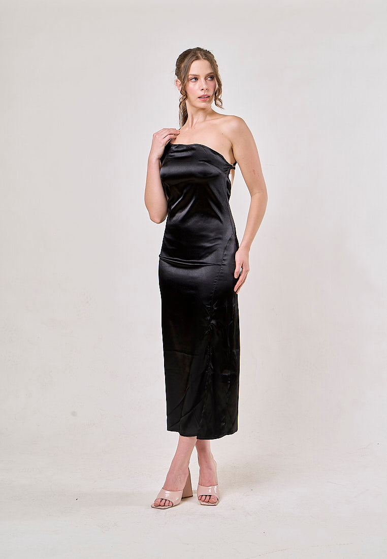 Sequoia Black Asymmetrical  Shoulder with Slit Maxi Dress