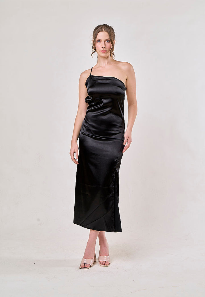 Sequoia Black Asymmetrical  Shoulder with Slit Maxi Dress