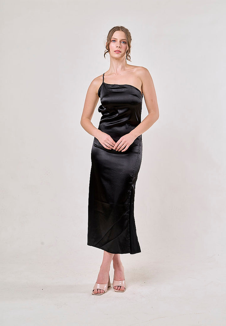 Sequoia Black Asymmetrical  Shoulder with Slit Maxi Dress