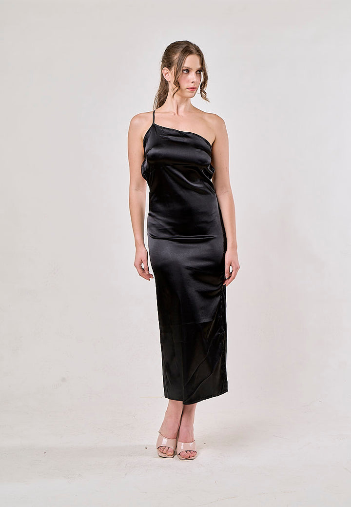 Sequoia Black Asymmetrical  Shoulder with Slit Maxi Dress
