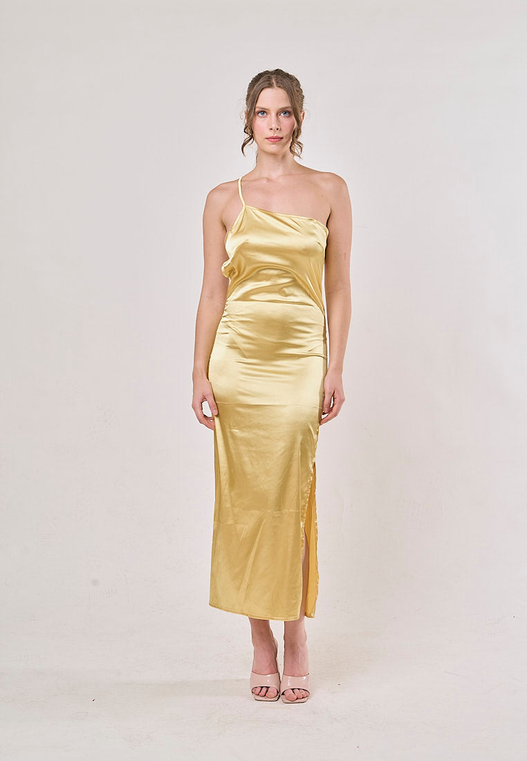 Sequoia Yellow Asymmetrical Shoulder with Slit Maxi Dress