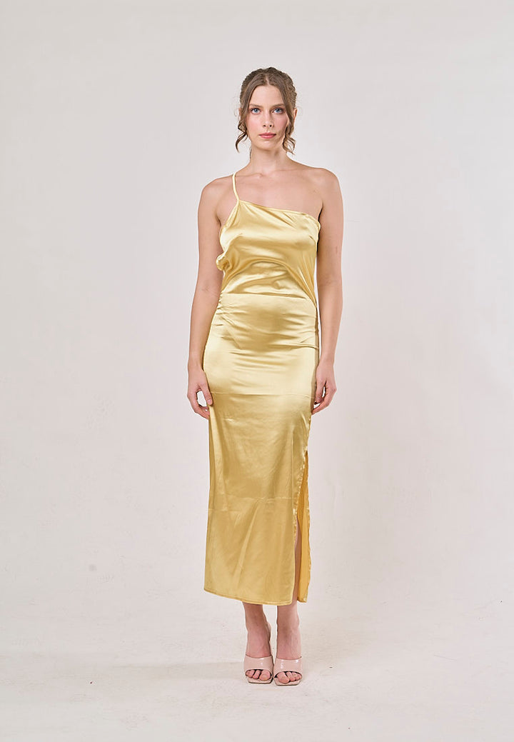 Sequoia Yellow Asymmetrical Shoulder with Slit Maxi Dress