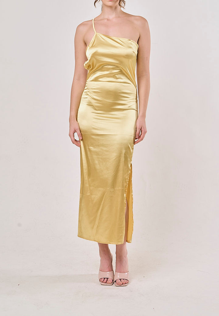 Sequoia Yellow Asymmetrical Shoulder with Slit Maxi Dress