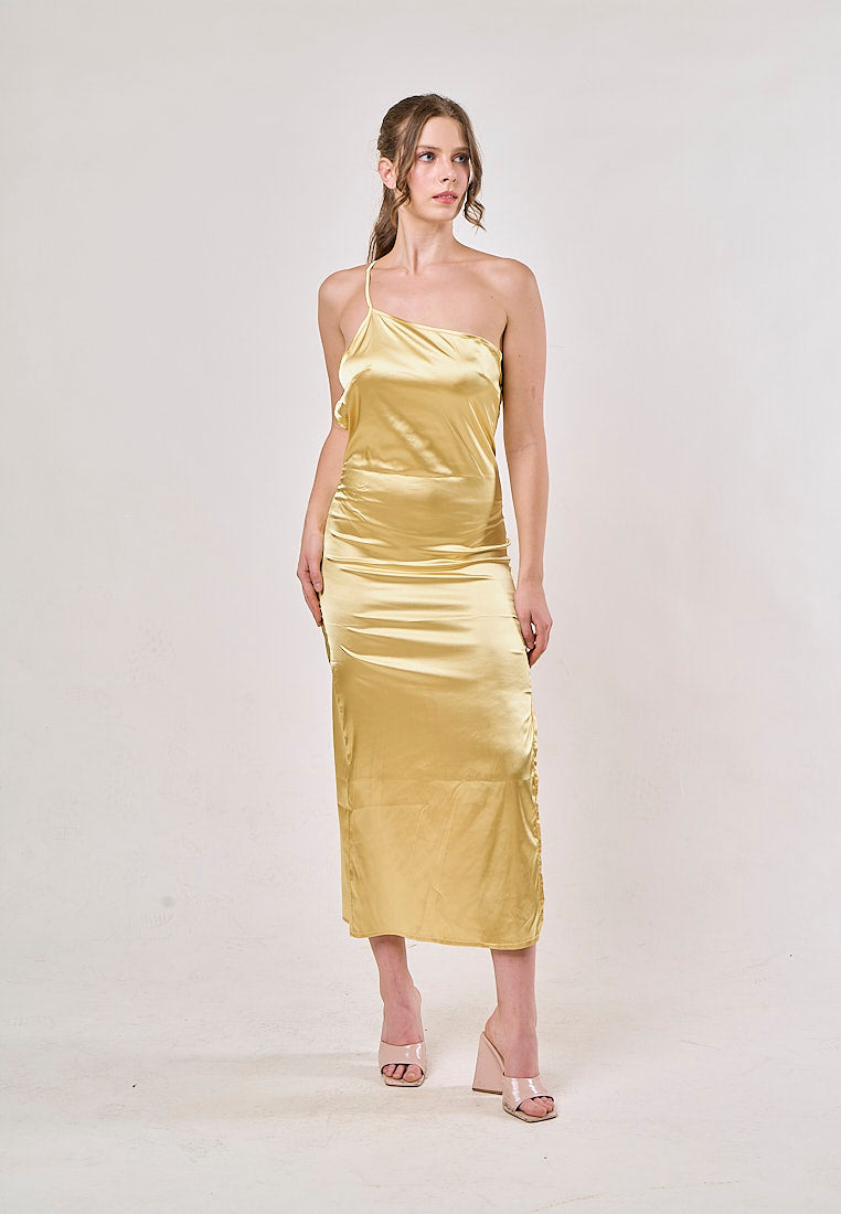 Sequoia Yellow Asymmetrical Shoulder with Slit Maxi Dress