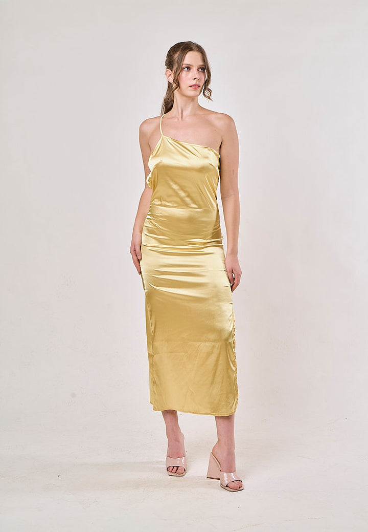Sequoia Yellow Asymmetrical Shoulder with Slit Maxi Dress