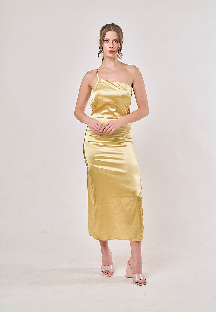 Sequoia Yellow Asymmetrical Shoulder with Slit Maxi Dress