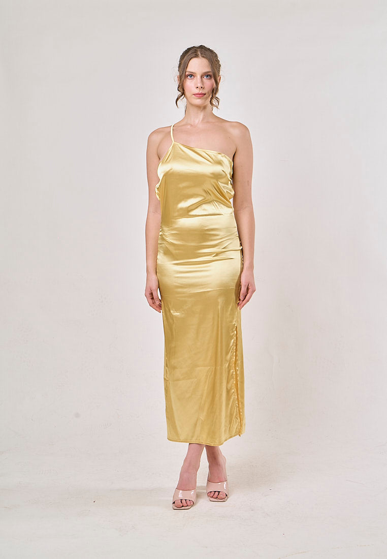 Sequoia Yellow Asymmetrical Shoulder with Slit Maxi Dress