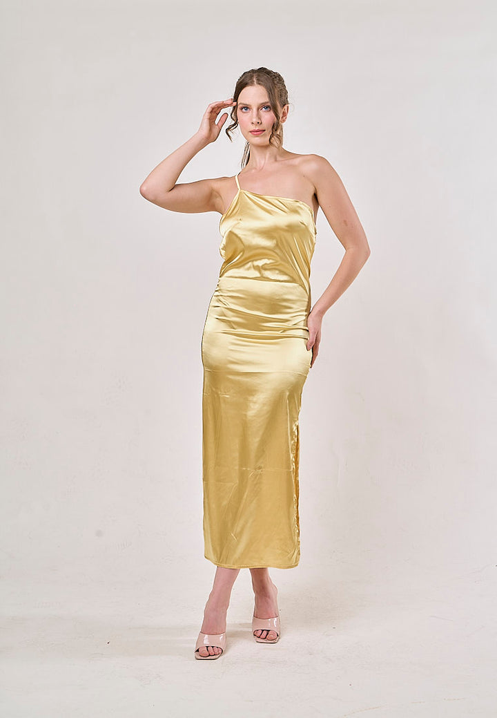 Sequoia Yellow Asymmetrical Shoulder with Slit Maxi Dress