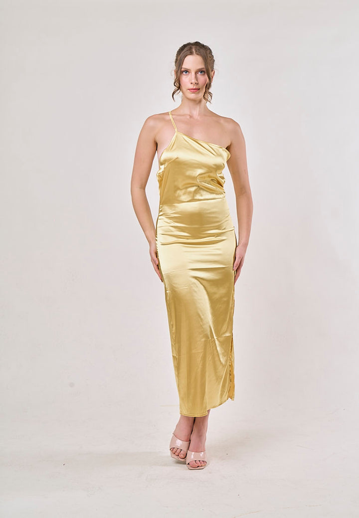 Sequoia Yellow Asymmetrical Shoulder with Slit Maxi Dress