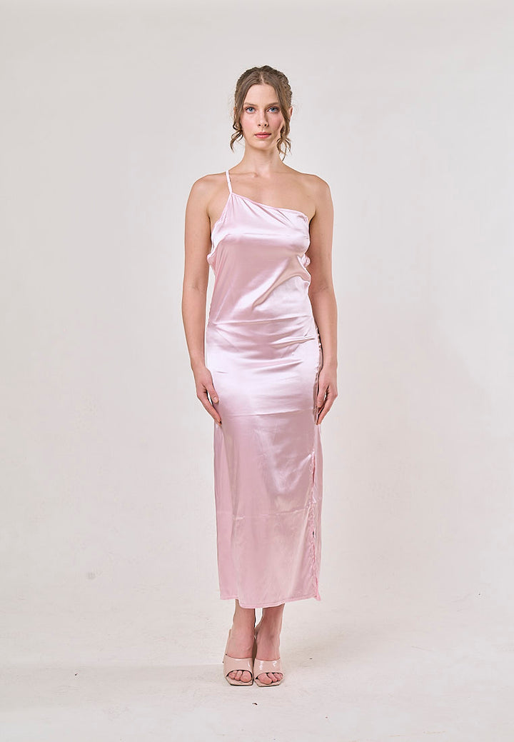 Sequoia Pink Asymmetrical Shoulder with Slit Maxi Dress