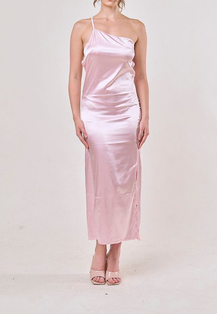 Sequoia Pink Asymmetrical Shoulder with Slit Maxi Dress