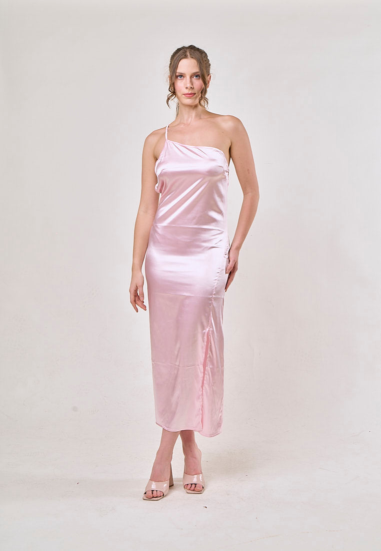Sequoia Pink Asymmetrical Shoulder with Slit Maxi Dress