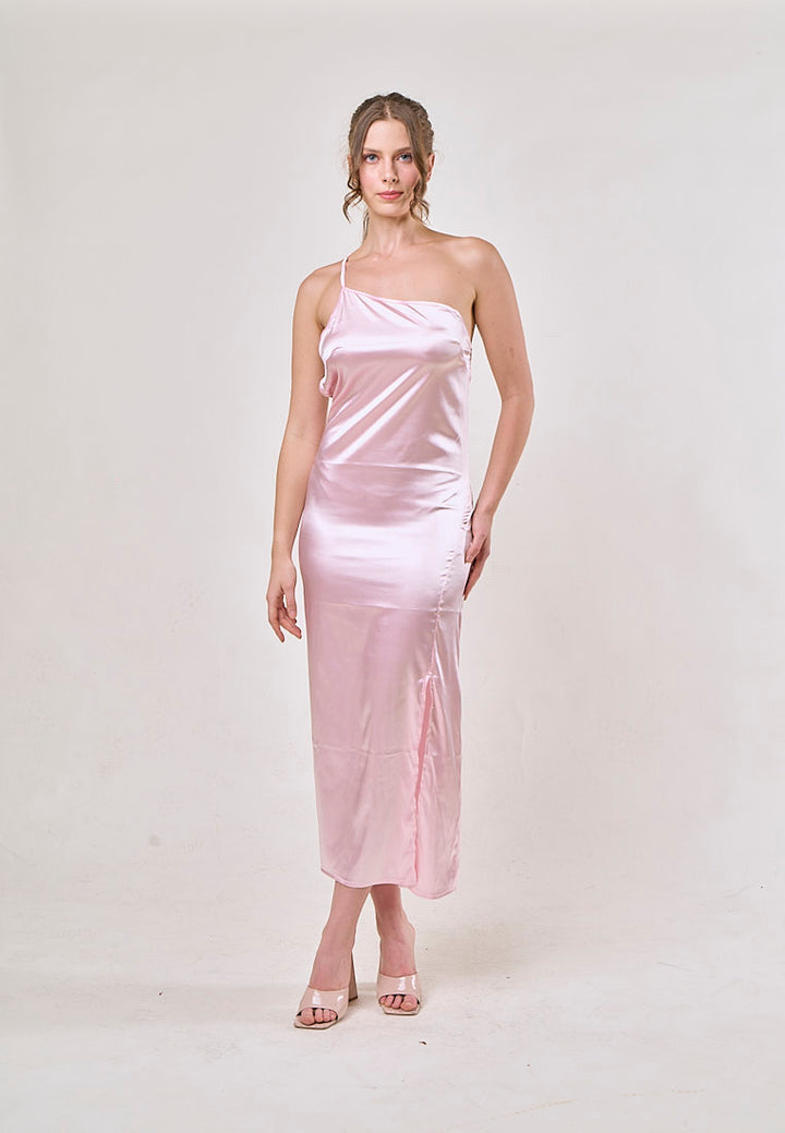 Sequoia Pink Asymmetrical Shoulder with Slit Maxi Dress