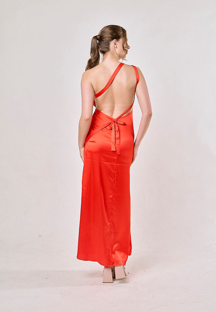 Camellia Red  Asymmetrical Backless Hollow Bandage Maxi Dress