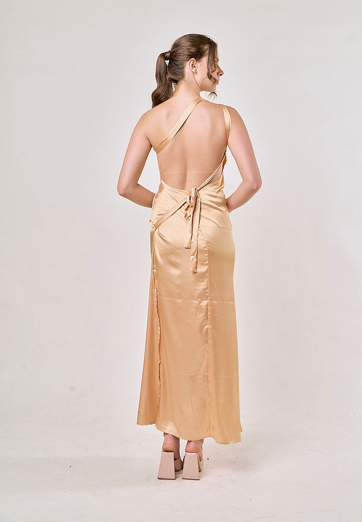 Camellia Yellow Asymmetrical  Backless Hollow Bandage Maxi Dress