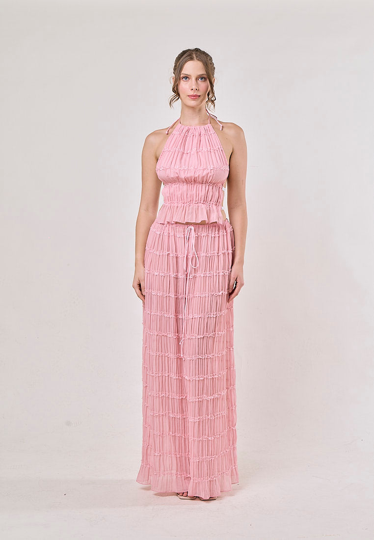 Odette Pink Halter Neck Ruffled Ruching Top And  Maxi Skirt Set