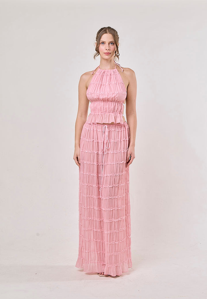 Odette Pink Halter Neck Ruffled Ruching Top And  Maxi Skirt Set