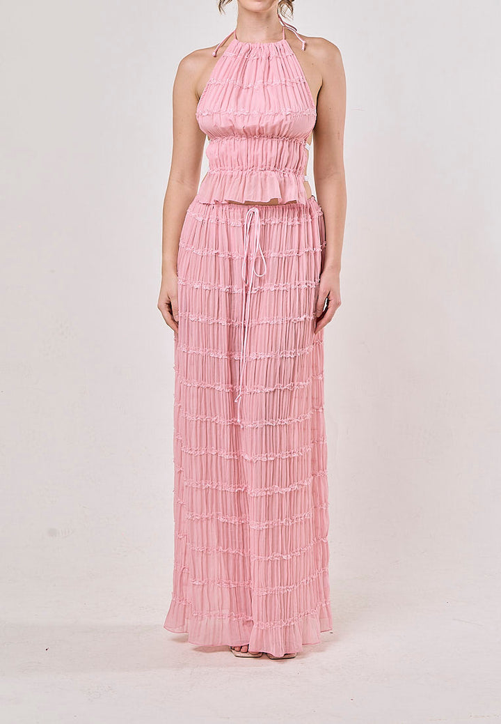 Odette Pink Halter Neck Ruffled Ruching Top And  Maxi Skirt Set
