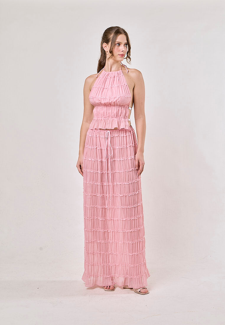 Odette Pink Halter Neck Ruffled Ruching Top And  Maxi Skirt Set