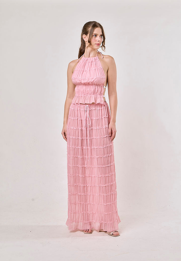 Odette Pink Halter Neck Ruffled Ruching Top And  Maxi Skirt Set