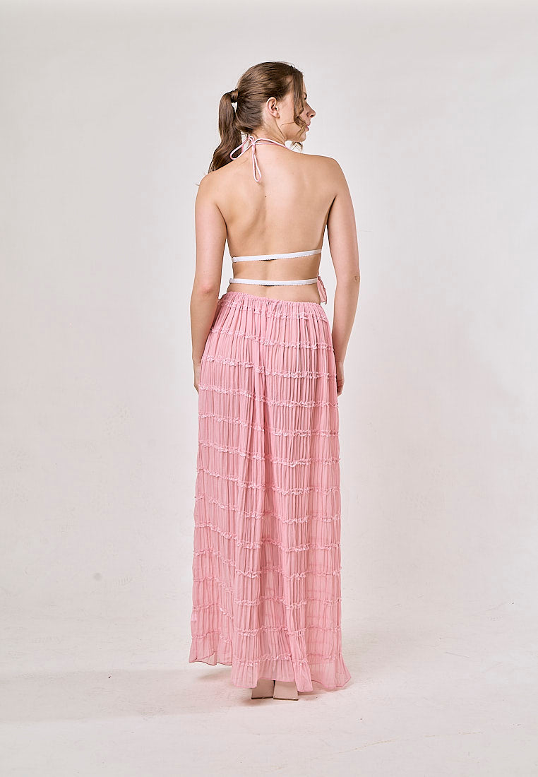 Odette Pink Halter Neck Ruffled Ruching Top And  Maxi Skirt Set