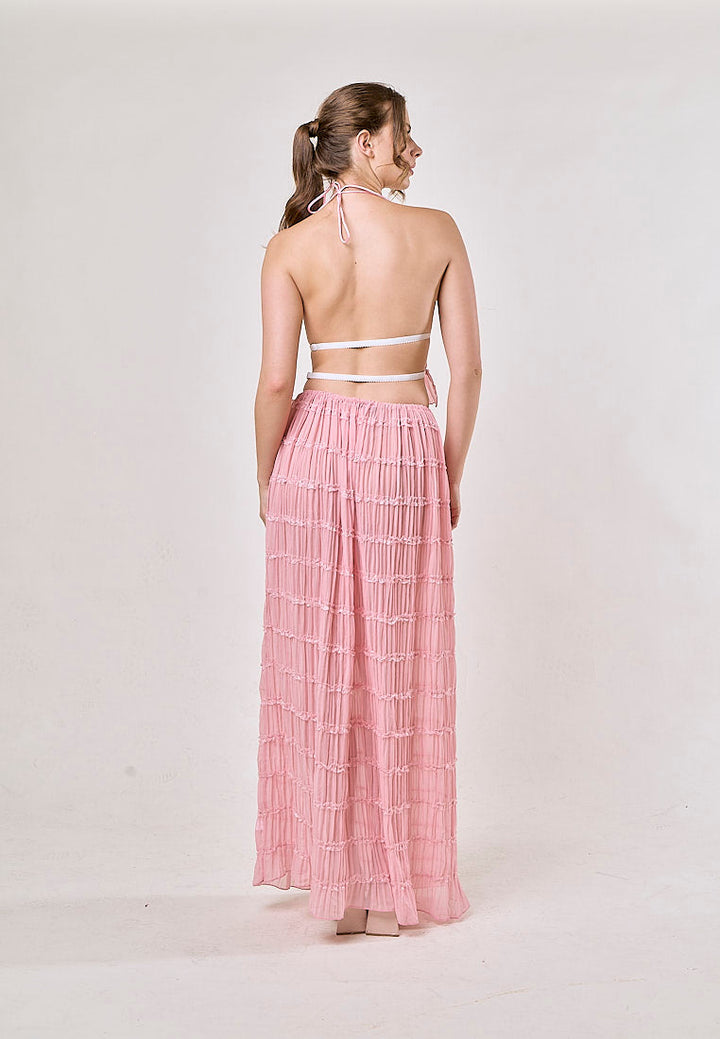 Odette Pink Halter Neck Ruffled Ruching Top And  Maxi Skirt Set