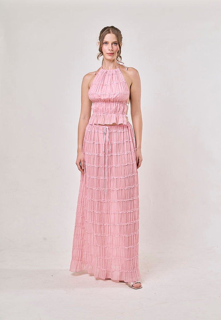 Odette Pink Halter Neck Ruffled Ruching Top And  Maxi Skirt Set