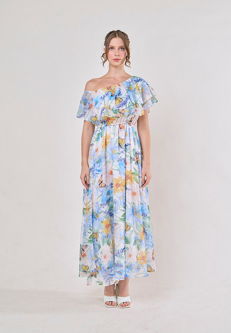 Thanh Blue Floral Pint Smocked Waist  Asymetrical Maxi Dress