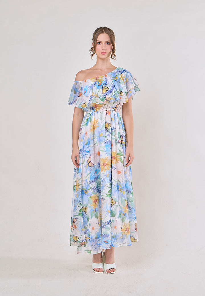 Thanh Blue Floral Pint Smocked Waist  Asymetrical Maxi Dress