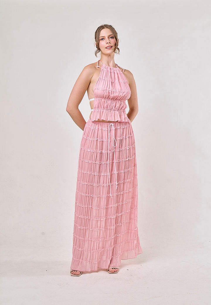 Odette Pink Halter Neck Ruffled Ruching Top And  Maxi Skirt Set