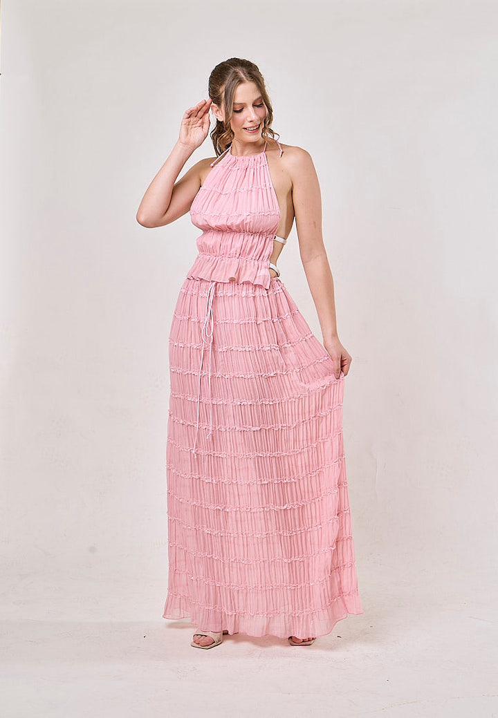 Odette Pink Halter Neck Ruffled Ruching Top And  Maxi Skirt Set