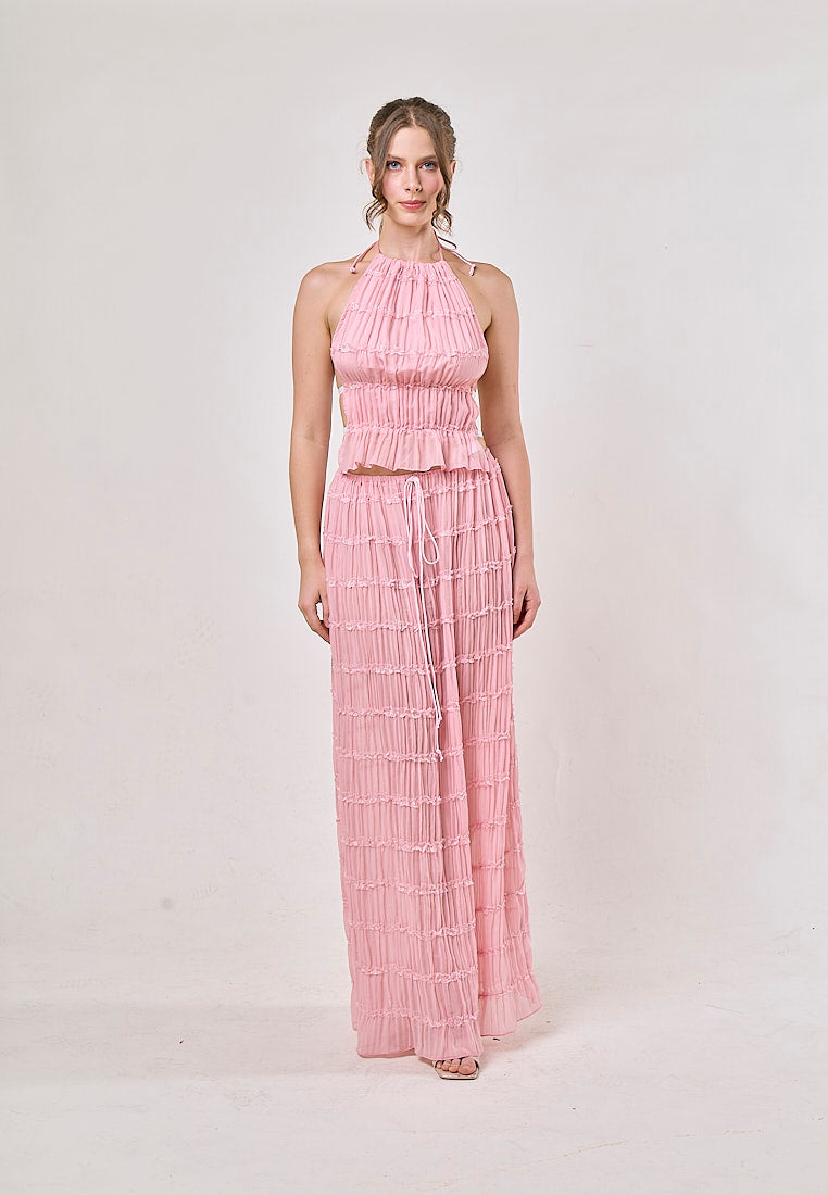 Odette Pink Halter Neck Ruffled Ruching Top And  Maxi Skirt Set