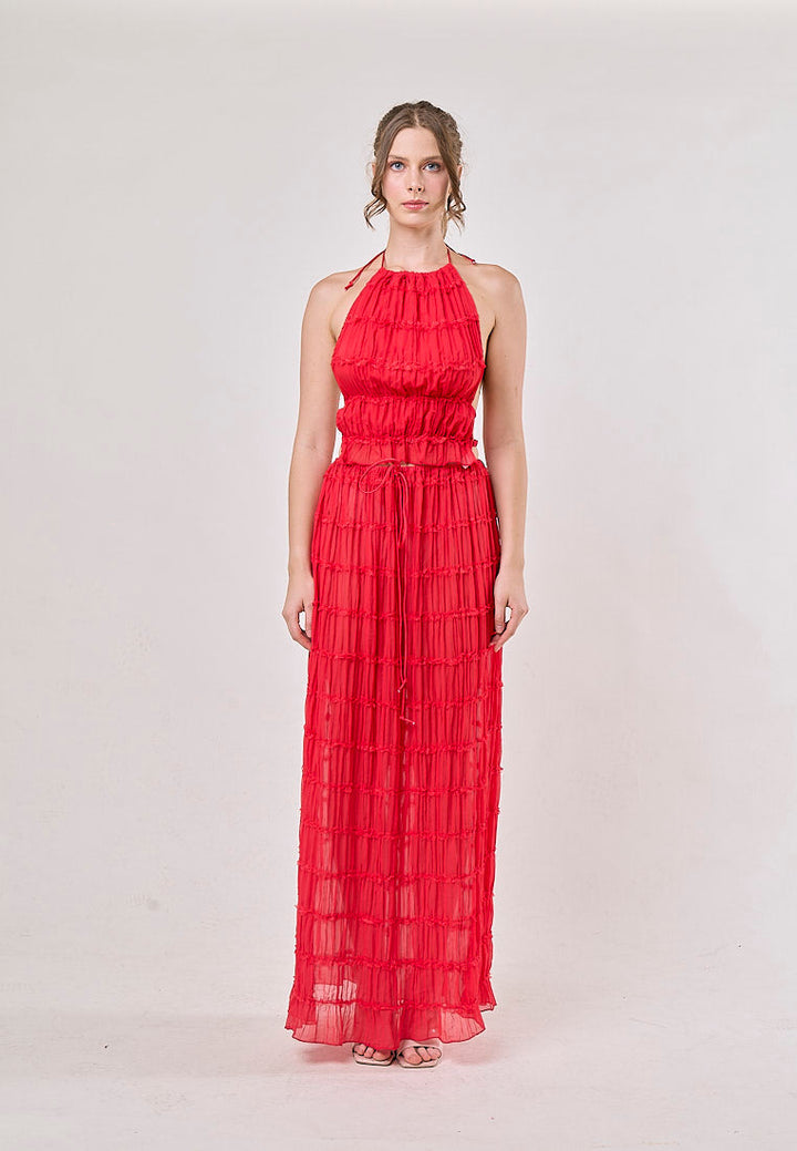 Odette Red Halter Neck Ruffled Ruching Top And Maxi Skirt Set