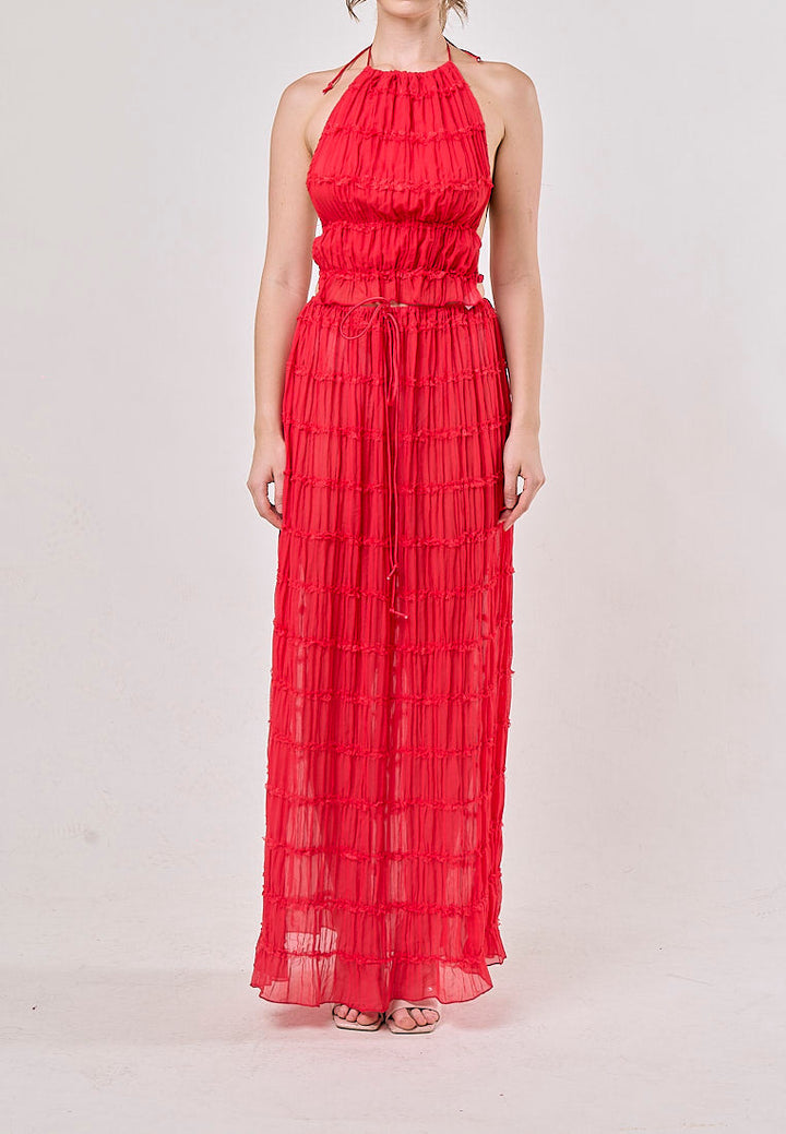 Odette Red Halter Neck Ruffled Ruching Top And Maxi Skirt Set