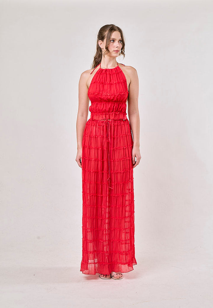 Odette Red Halter Neck Ruffled Ruching Top And Maxi Skirt Set