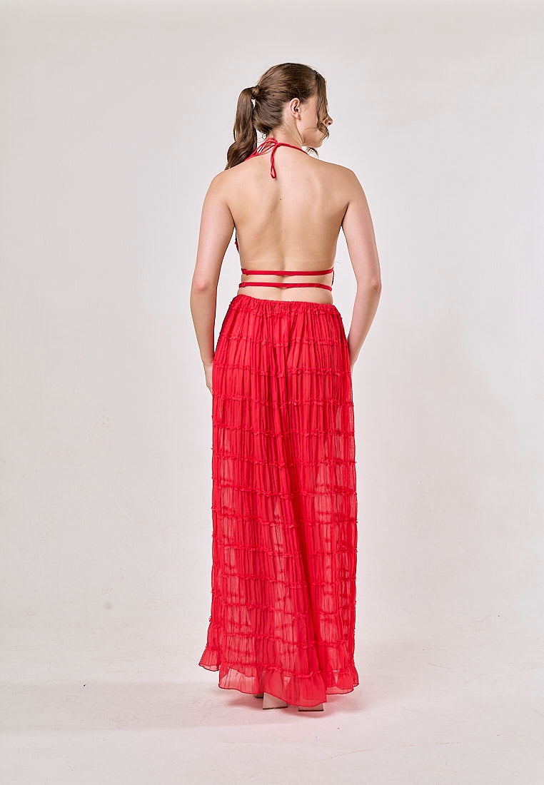 Odette Red Halter Neck Ruffled Ruching Top And Maxi Skirt Set