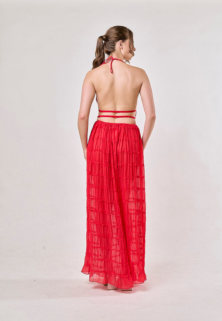 Odette Red Halter Neck Ruffled Ruching Top And Maxi Skirt Set