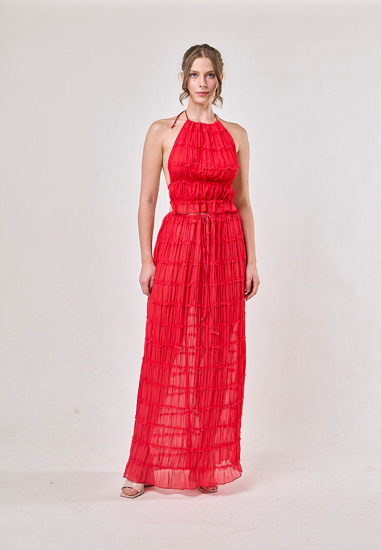 Odette Red Halter Neck Ruffled Ruching Top And Maxi Skirt Set