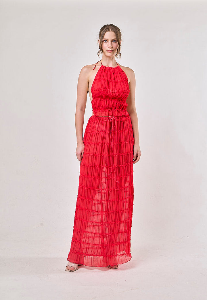 Odette Red Halter Neck Ruffled Ruching Top And Maxi Skirt Set