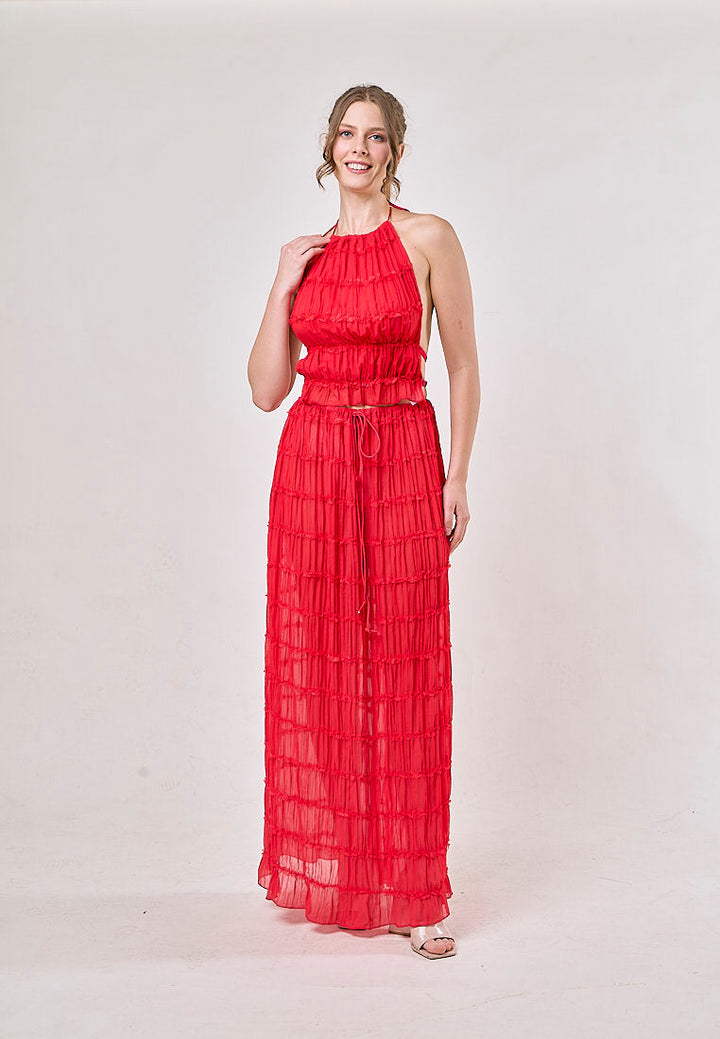 Odette Red Halter Neck Ruffled Ruching Top And Maxi Skirt Set