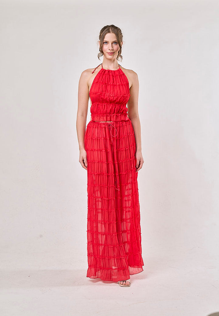 Odette Red Halter Neck Ruffled Ruching Top And Maxi Skirt Set