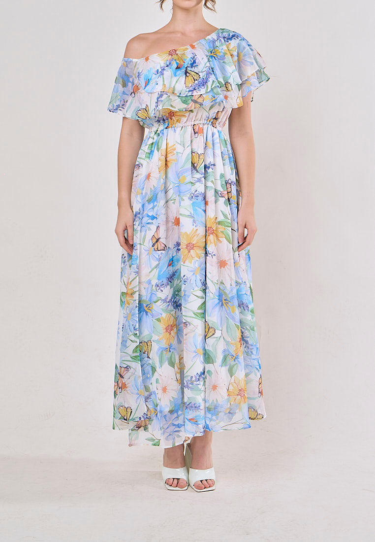Thanh Blue Floral Pint Smocked Waist  Asymetrical Maxi Dress