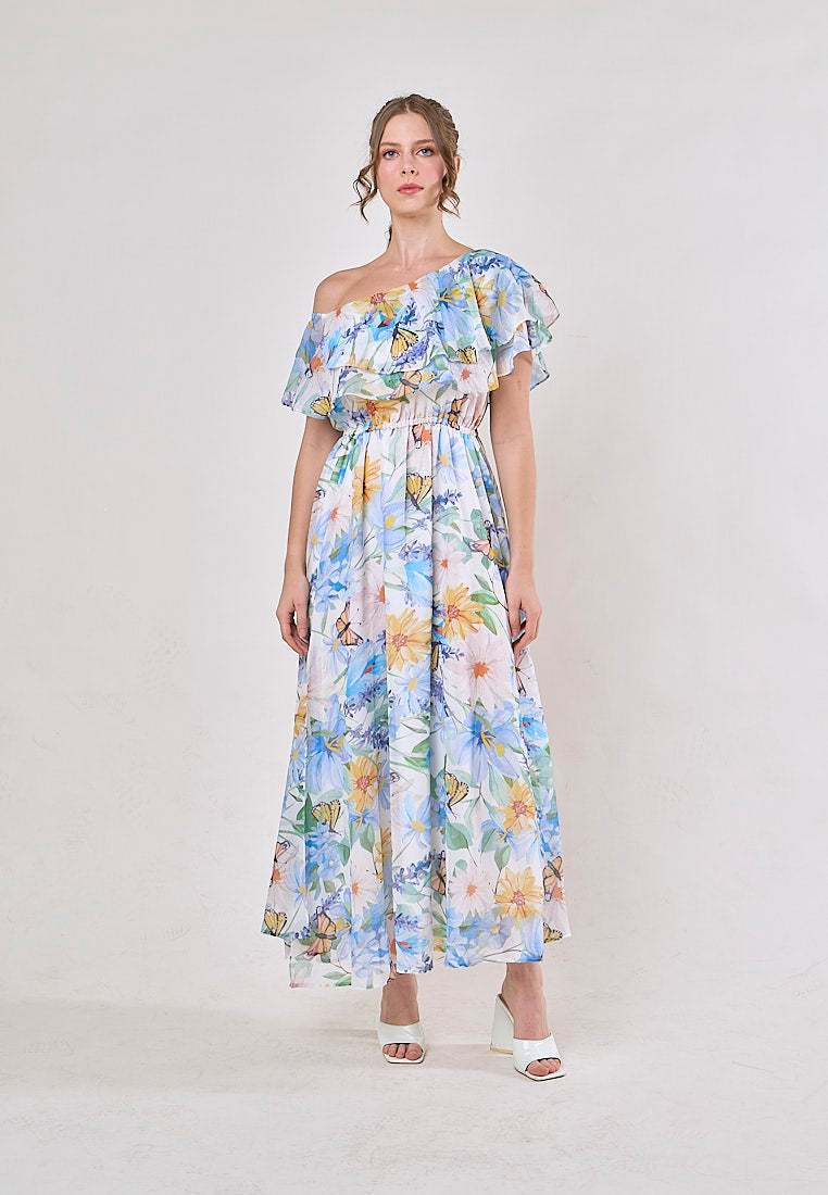 Thanh Blue Floral Pint Smocked Waist  Asymetrical Maxi Dress